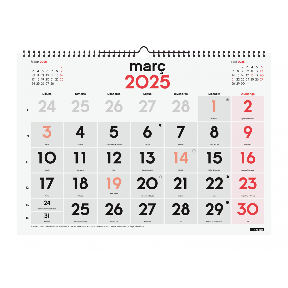 CALENDARIO DE PARED FINOCAM 2026 CASTELLANO NUMEROS GRANDES